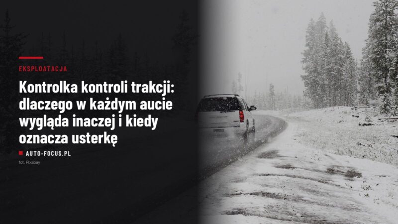 Biały pickup jadący zaśnieżoną leśną drogą podczas opadów śniegu